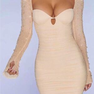 Embellished long sleeve mini dress in sand